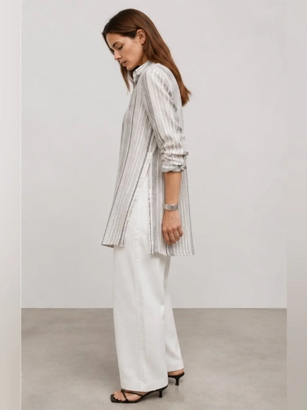 NWT Lafayette 148 linen button down stripe shirt with side button detail - Picture 5 of 10